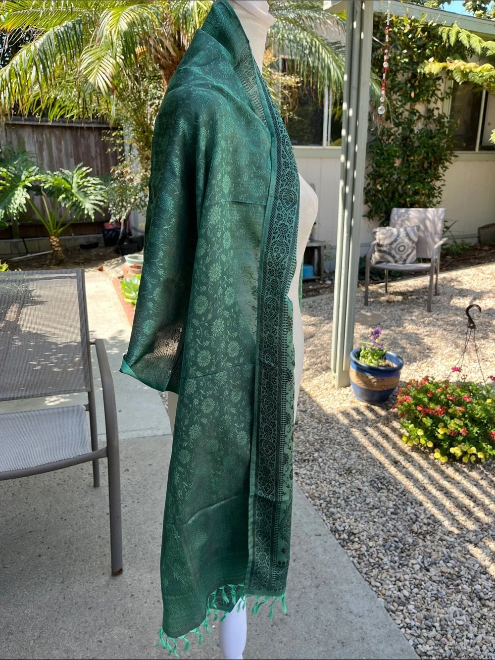 NWOT Silk India Teal Wrap Scarf Flowy with Fringe
